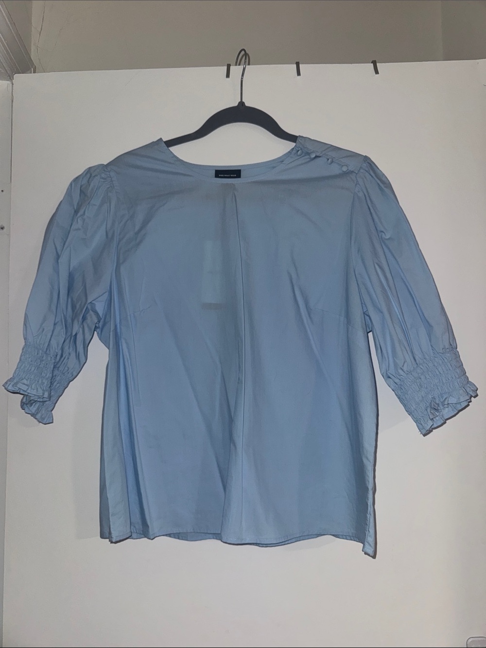 Who What Wear Women's Light Blue Puff-Sleeve Button-Shoulder Blouse